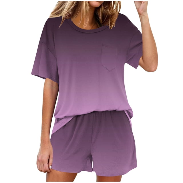 Conjunto de Pijama de las Mujeres de Moda Casual Color Sólido Manga Corta Cuello Redondo Top Y Pantalones