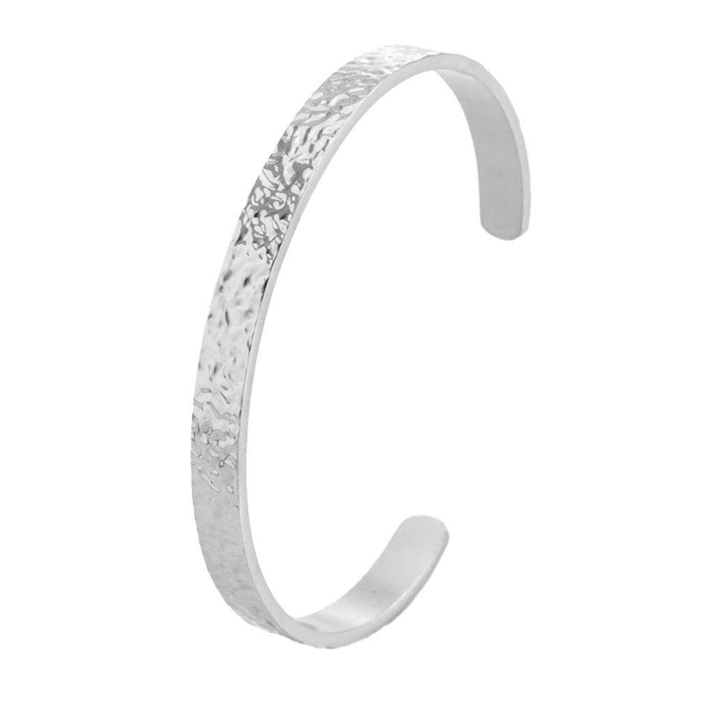 HIRPLIS Hammered Texture Open Cuff Bangle Bracelet for Women Men Stainless Steel Minimalist Simple Adjustable C Shape Dainty Personalized Gift Jewelry Silver