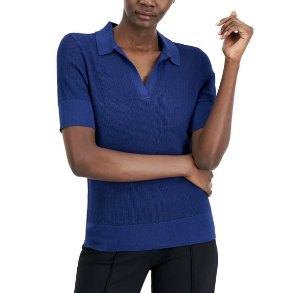 Alfani Women's Short Sleeve Pointelle Polo Sweater Blazing Navy Size XL