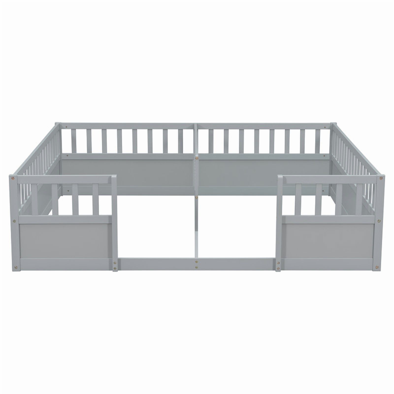 Twin Size Horizontal Floor Bunk Bed Frame with Semi-Enclosed Safety Guardrails, Wood Low Profile Kids Bed with Open Entrance