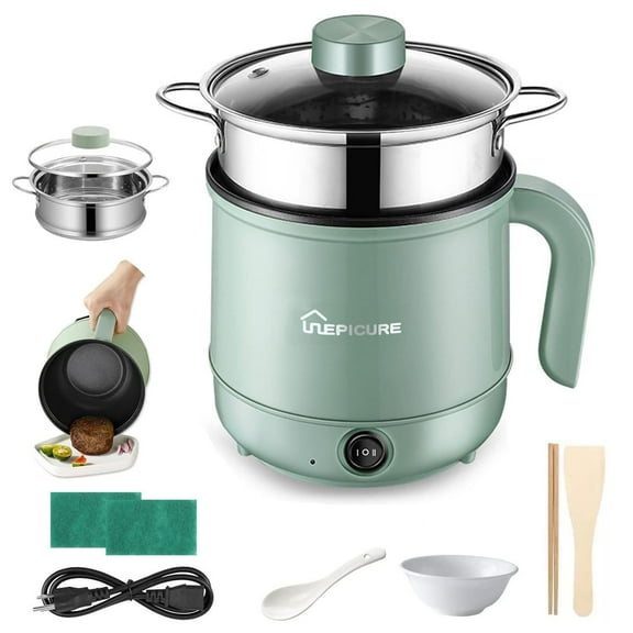 Mini Electric Hot Pot with Steamer, 1.7 L Non-Stick Electric Cooker Pot Portable Mini Ramen Noodles Cooker with Over Heating Protection, Green