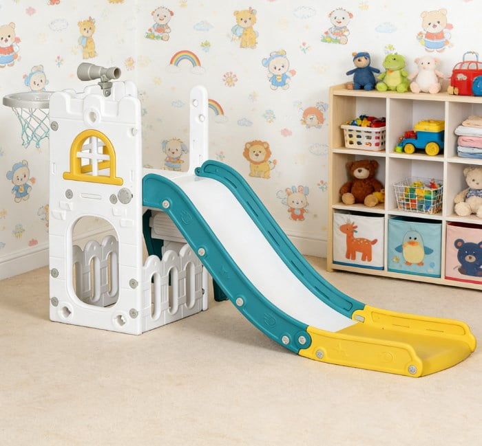 5-in-1 Toddler Slide with Basketball Hoop, Kids Play Climber with Telescope & Storage Basket, Non-Slip Steps, HDPE Play Equipment for 1-3 Years Old, Max Load 66 lbs