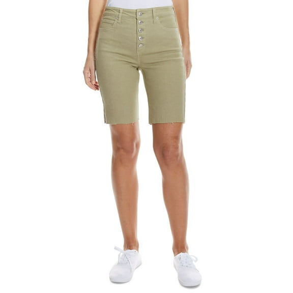 Oat High-Rise Button-Fly 5-Pocket Bermuda Jean Shorts, Sage, 25