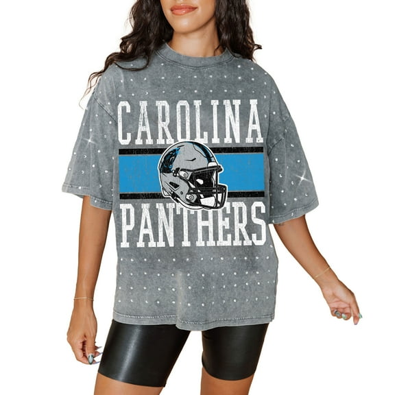 Women's Gameday Couture Gray Carolina Panthers Oversized Mini Rhinestone Classic T-Shirt