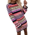 thumbnail image 2 of Women Long Sleeve Crochet Dress Boho Casual Hollow Out Striped Short Dress Knit Sweater Mini Dress, 2 of 7