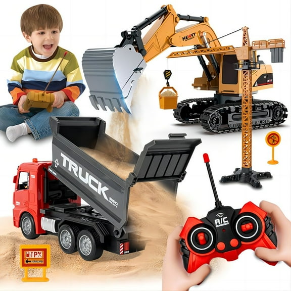 TZDZRC 1:22 6-Channel RC Excavator with Light, 6-Channel RC Dump Truck and Crane Tower 3 in 1, 2.4GHz 12 Meters Remote Control Distance, Toys for Children