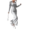 thumbnail image 2 of Women'S Long Sleeve Collar V Neck Maxi Dress Slit Thigh Ribbed Knit Bodycon Dresses Grey M, 2 of 9
