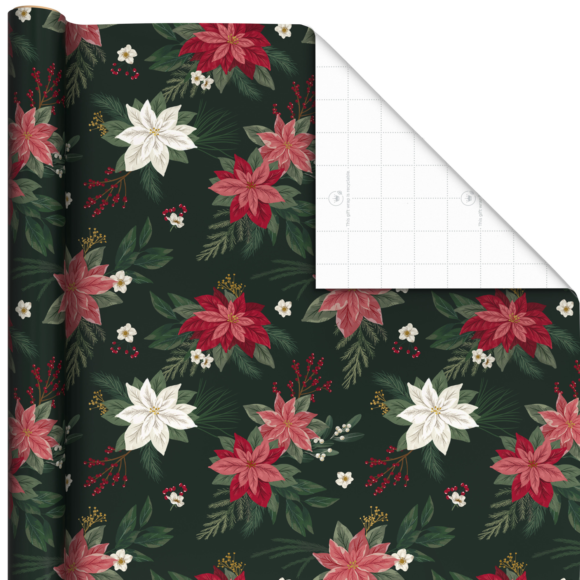 Hallmark Elegant Christmas Wrapping Paper Rolls (3 Rolls: 120 Sq. Ft. Total) Red "Joy" on White, Santa Claus and "Happy Holidays" on Red, Painted Poinsettia on Hunter Green