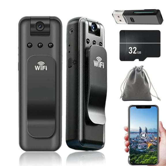 Infrared Night Vision Portable Recorder, 1080p Wearable Mini Body Camera Video Recorder with 180° Rotatable Lens and WiFi for Cycling, Travel, Home Security, Outdoor Activities (32GB Card)