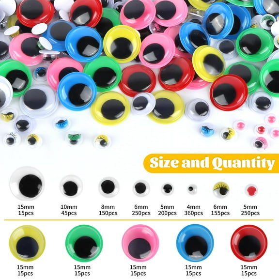 Pack of 1500 Wiggly Eyes, Self-Adhesive, Plastic Wiggly Eyes, Googly Eyes, Self-Adhesive for Christmas Day and DIY Scrapbooking Craft Toy Accessories (4/5/6/8/10/15 mm)