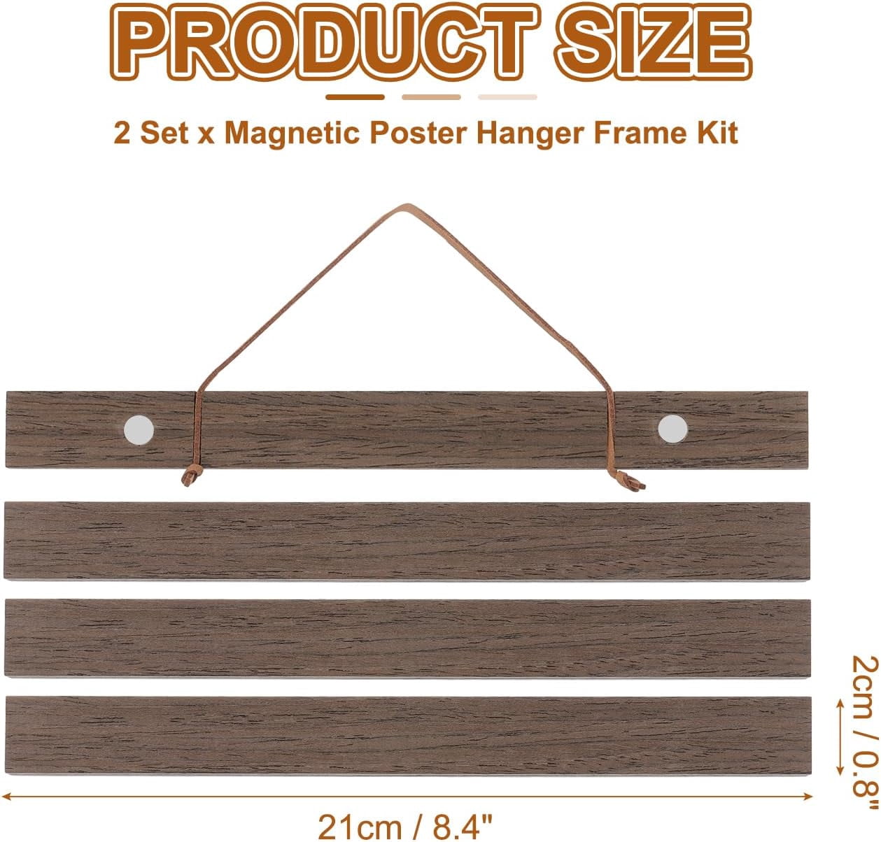 FRKSMD-2 Set Magnetic Poster Hanger Frame 8 Inch Wooden Magnet Picture Hangers Frames Wide Hanging Kit for Photos, Pictures, Artwork, Maps, Dark Brown