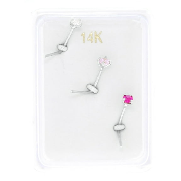 22 Gauge L-Shaped 14K White Gold 2MM White, Pink, and Red Cubic Zirconia Nose Ring Set