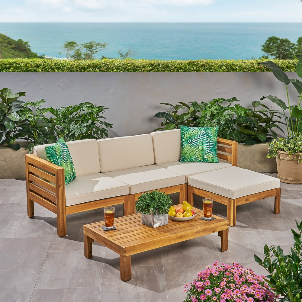 Cadence Outdoor 5 Piece Acacia Wood Sofa Set, Teak and Beige Walmart