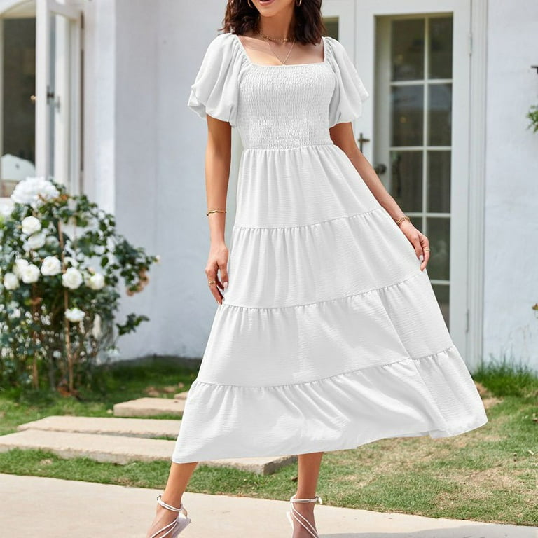casual white midi dress with sleeves White Short Sleeve V Neck Summer Midi Dress