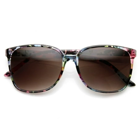 Floral Print High Temple Square Frame Womens Horn Rimmed Sunglasses