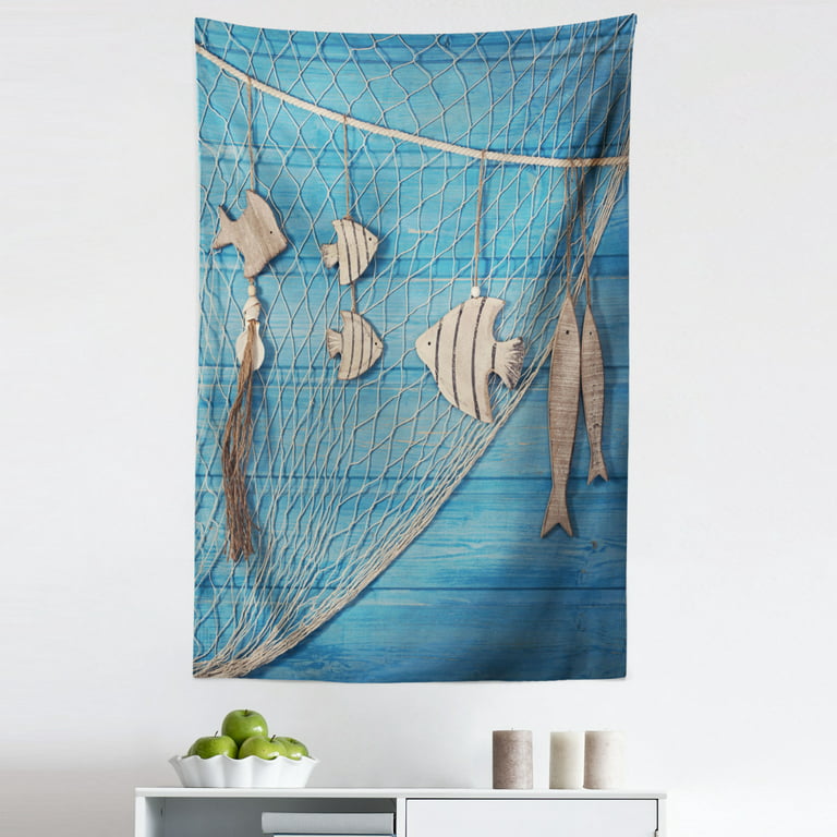 Marine Tapestry, Nautical Themed Photo of Fishing Net and Hanged