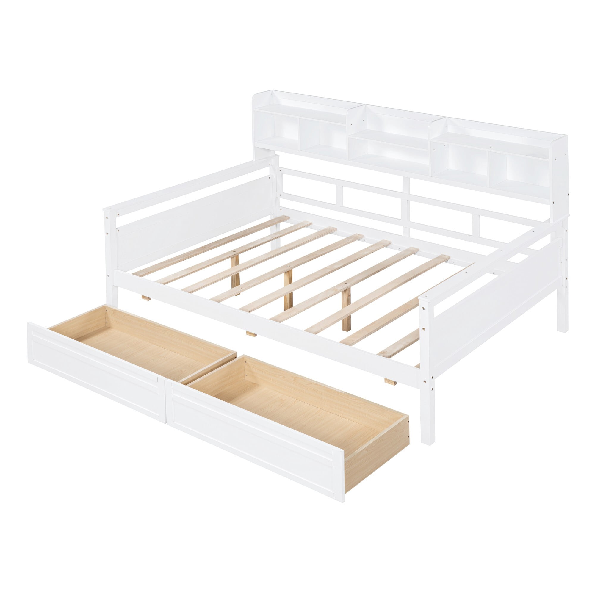 AENKYO Full Size Wooden Daybed Bed Frame with 2 Storage Drawers and Headboard Shelf, Solid Wood Sofa Bed, White