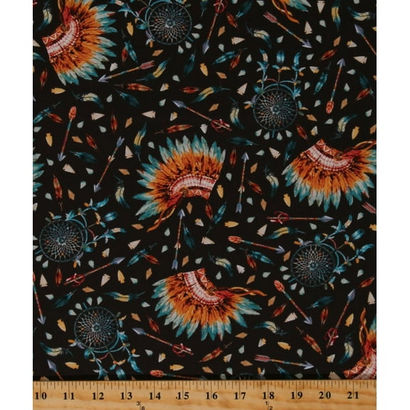 Cotton Feathers Arrows Arrowheads Dreamcatchers Headdress Warbonnets Southwestern Tribal Native Heritage Brown Cotton Fabric Print by the Yard (AKO-73714-16BROWN)