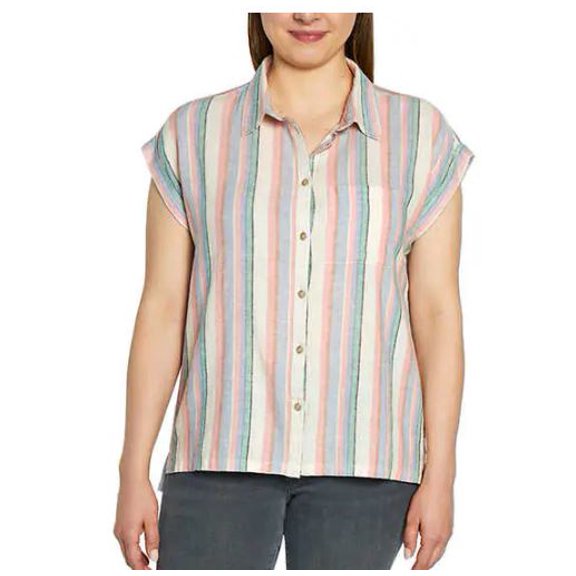 Orvis Women's Button-Up Short Sleeves Linen Blend Shirt, Pink XXL