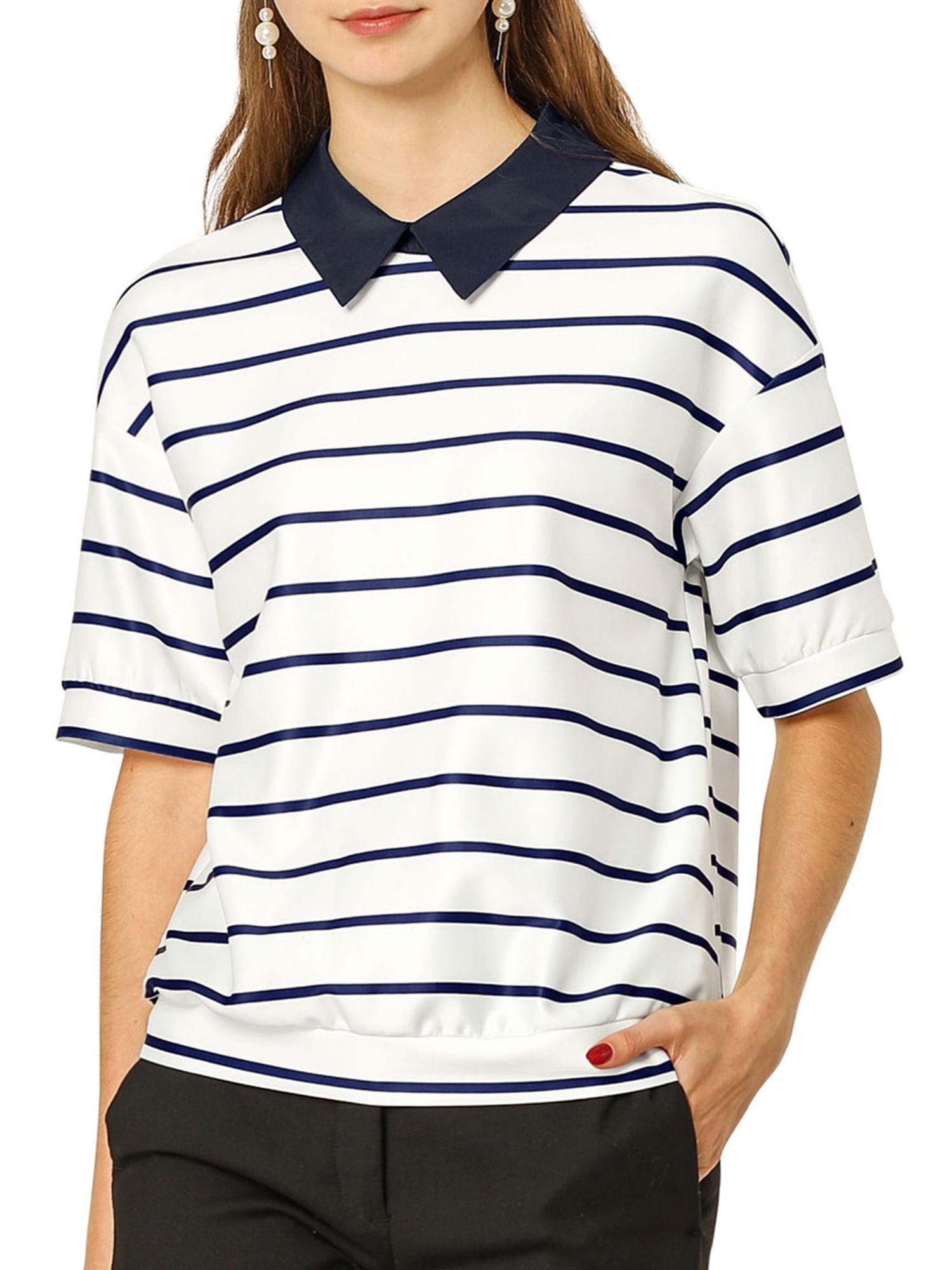 Unique Bargains - Women's Striped Short Sleeve Button Back Polo Shirt M