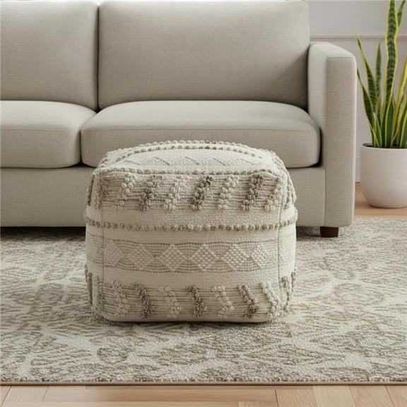 HomeRoots 710447 18 in. Ivory & Natural Cotton & Wool Striped Pouf Ottoman