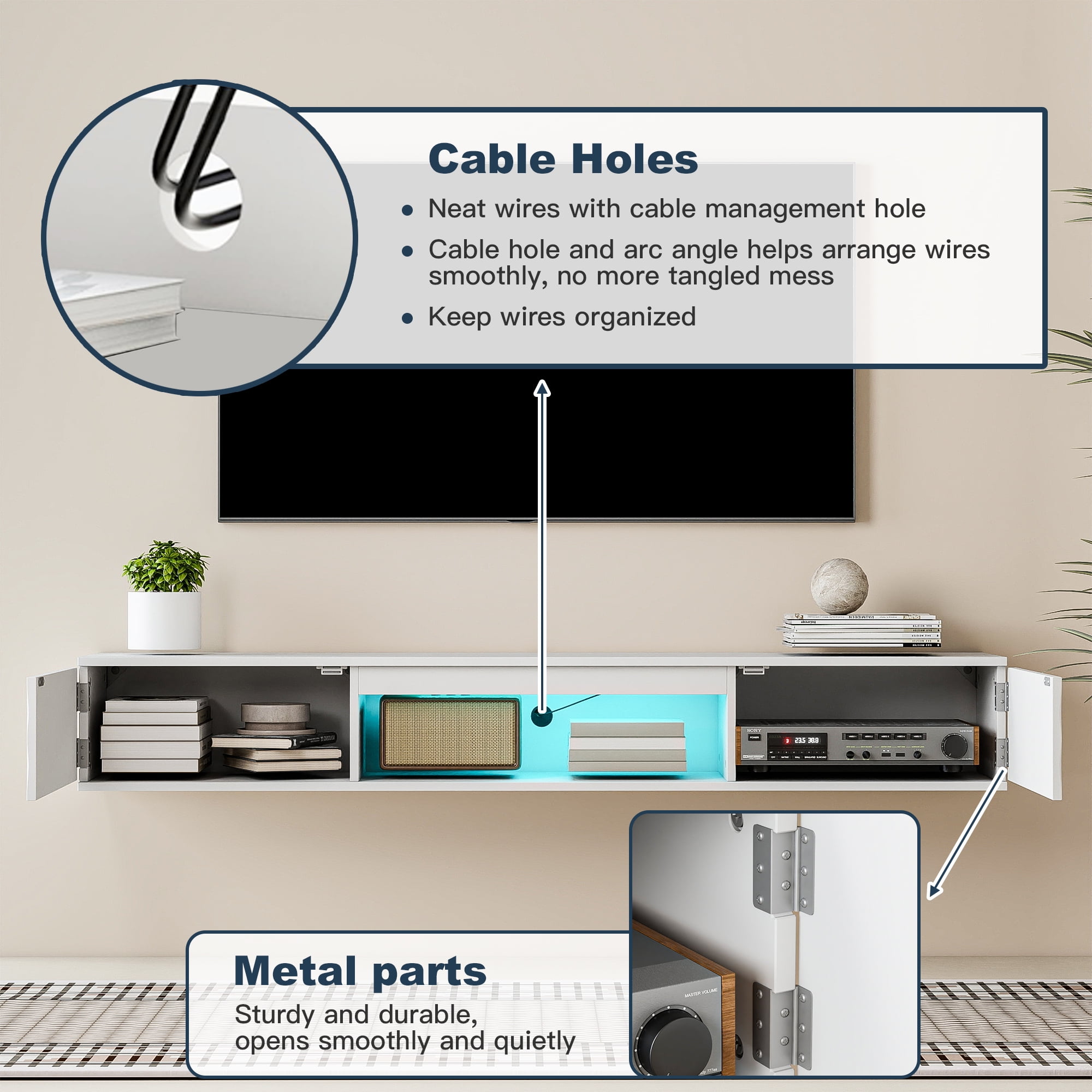 Kadyn Modern Wall-Mounted TV Stand with 2 Doors, White Floating Entertainment Center with Storage Shelf, Media Cabinet with Colorful Light Strip for Living Room