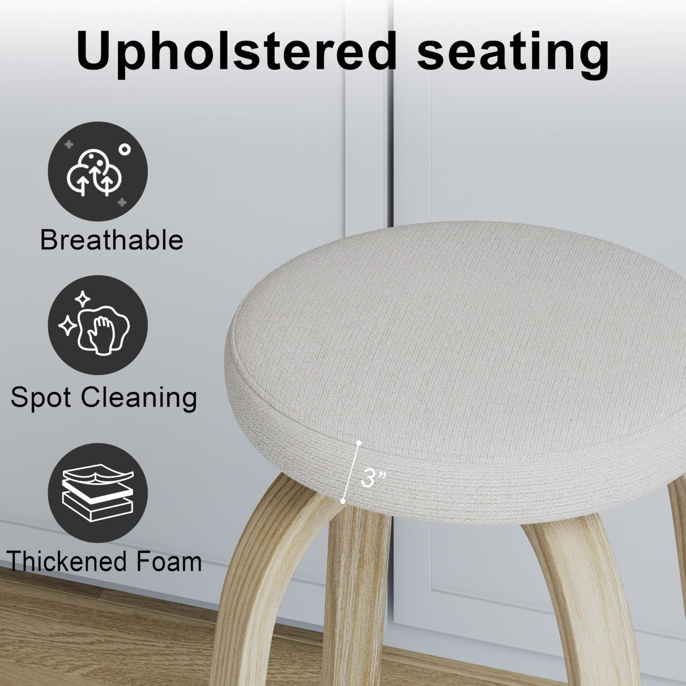 Noble House Florin 30" Swivel Backless Counter Height Bar Stools with Upholstered Seat & Bentwood Legs, Beige, Set of 2