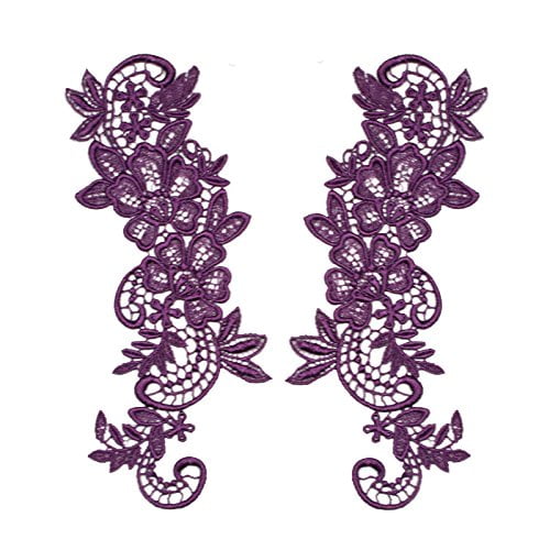 Eggplant Purple 2.75'x8' Pair of Floral Venice Lace Applique Embroidered Bridal Guipure Patch Motif (2 Pieces)