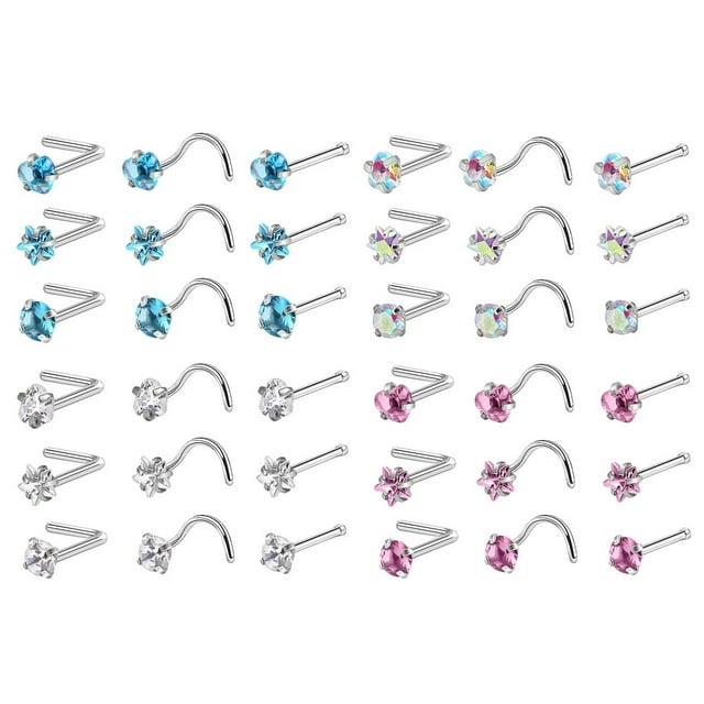 MesaSe 36Pcs Nose Rings 20G Nose Screws Rings Set Cubic Zirconia Nose Piercing Jewelry Women