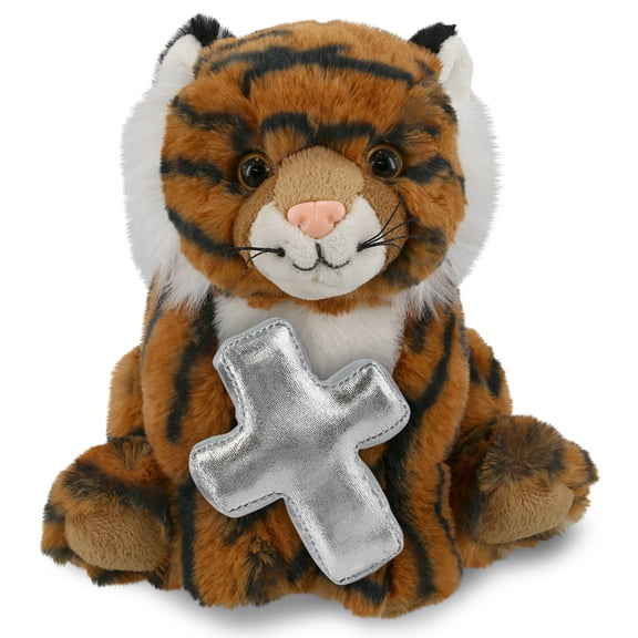 DolliBu Squat Tiger Stuffed Animal with Silver Cross Plush - Religious Baby Baptism Gifts for Boys and Girls, Cute Baby Dedication Christening Gifts Plush Prayer Toy Healing Teddy Bear - 8 Inches