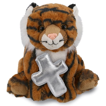 DolliBu Squat Tiger Stuffed Animal with Silver Cross Plush - Religious Baby Baptism Gifts for Boys and Girls Cute Baby Dedication Christening Gifts Plush Prayer Toy Healing Teddy Bear - 8 Inches