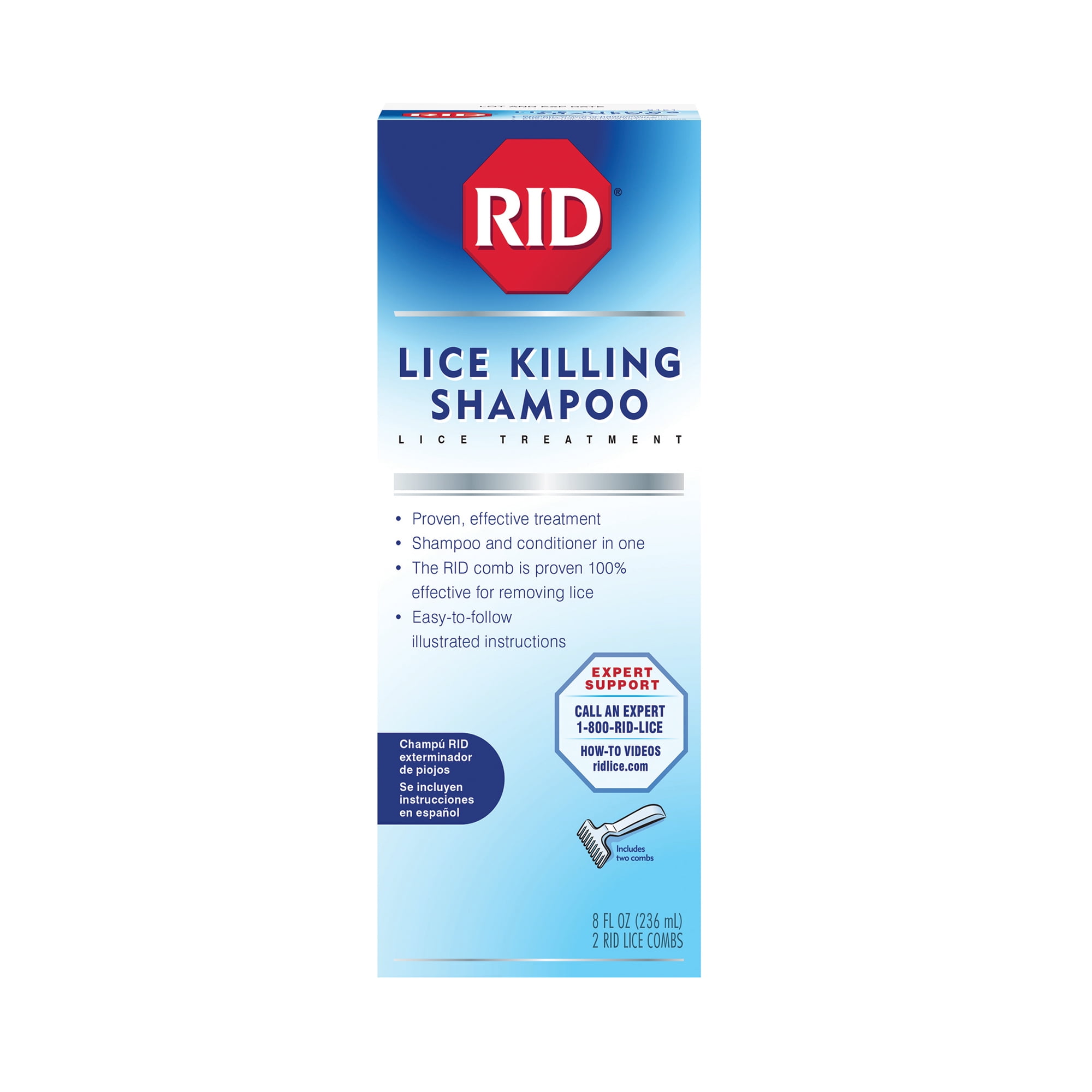 RID Lice Killing Shampoo, Includes 2 Nit Combs and 1 Bottle, 8 Oz