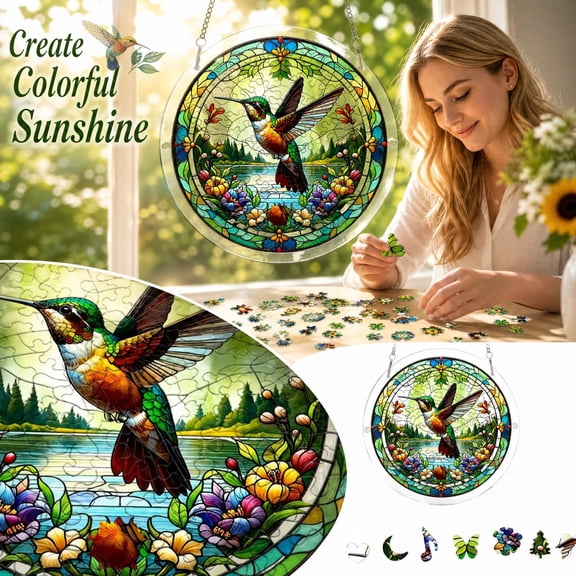 Acrylic Jigsaw Puzzle Suncatcher, 8 Inch Stained glass acrylic style Window Hanging, Hummingbird Pattern Round Wall Decor for Home, Summer Decor for Living Room and Window Display, 1 Pack