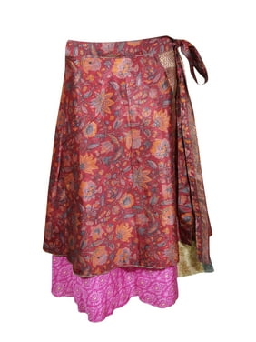 Mogul Women Vintage Wrap Skirt Beach Wear Reversible 2 Layer Floral Print Cover Up Sarong Dress
