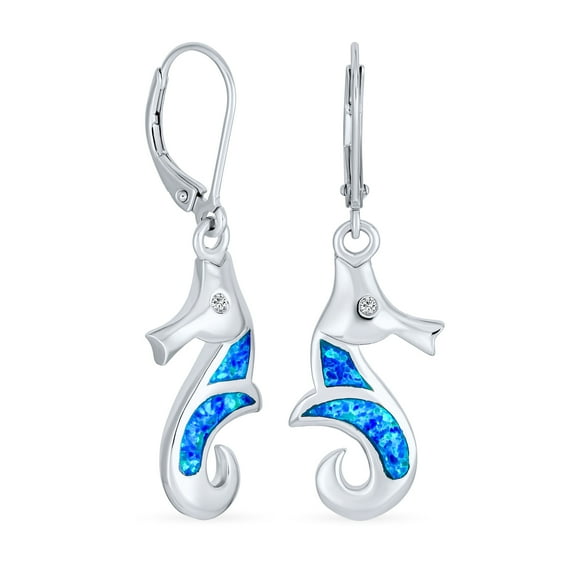 Bling Jewelry Womens Sea Animal Blue Opal Gemstone Seahorse Dangle Earrings Silver Lever back