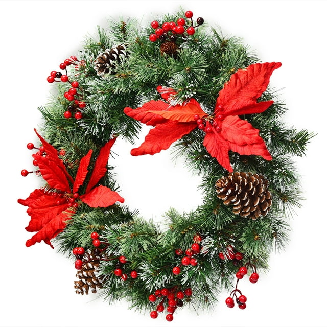 Patiojoy 24'' Pre-lit Artificial Decorative Flocked Christmas Wreath with 50 LED Lights & Timer