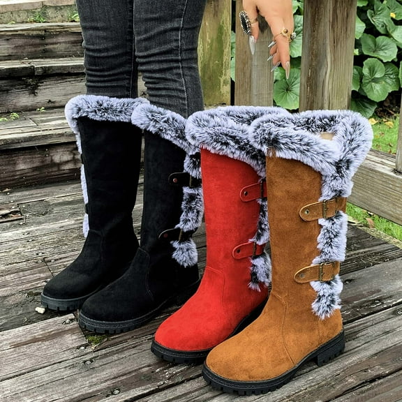 Lovzfmll Knee High Boots Women, Faux Fur Lined Knee High Snow Round Toe Low Heel, Chunky Low Heel Round Toe Buckle Snow Chunky Boots Warm Black Boots