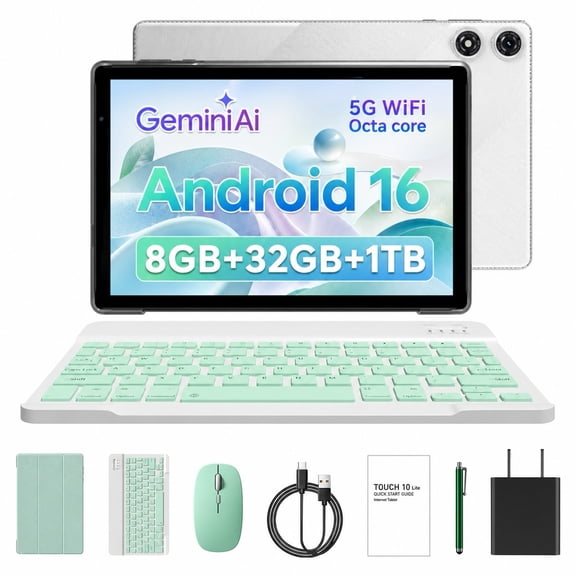 qunyiCO 10 inch Tablet,Android 16 Tablet with Keyboard,32GB 1TB Expan,Gemini Ai Tablet,Widevine L1,5G WiFi,Dual Camera,6000mAh Battery,Green