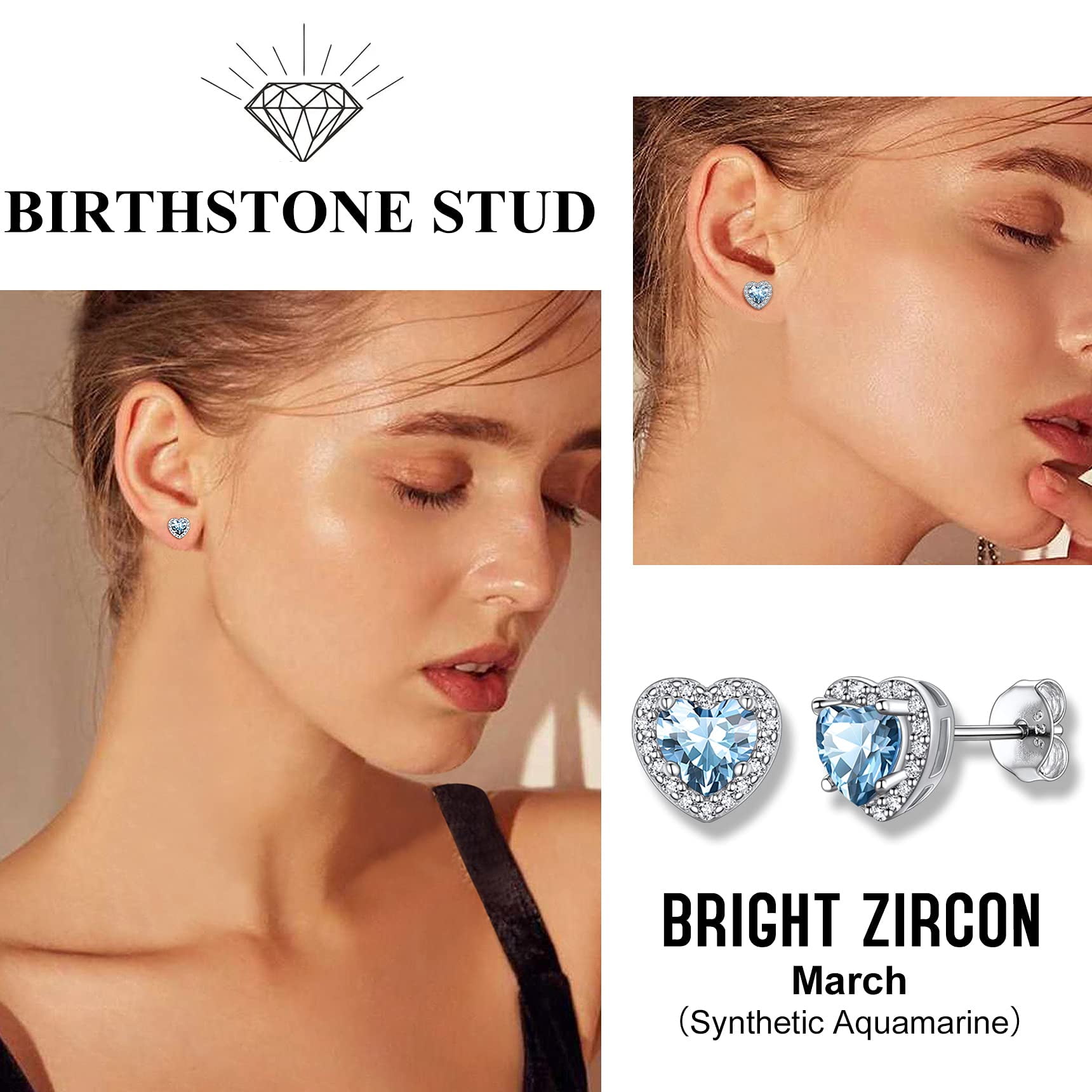 Bestyle Pure 925 Sterling Silver Earrings Necklace Set for Women March Birthstone Heart Jewelry Set Mother'day Gifts for Bridal Wife Mom Daughter