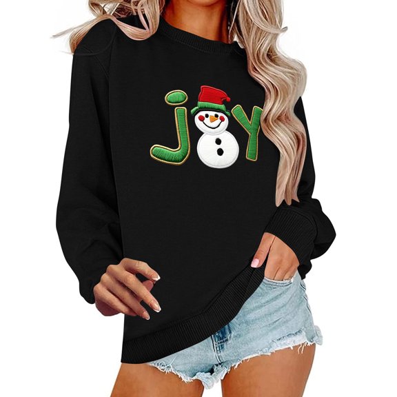 asdoklhq Tops for Women Christmas Women's Round Neck Hoodless Christmas Printed Casual Loose Sweatshirt Black XL