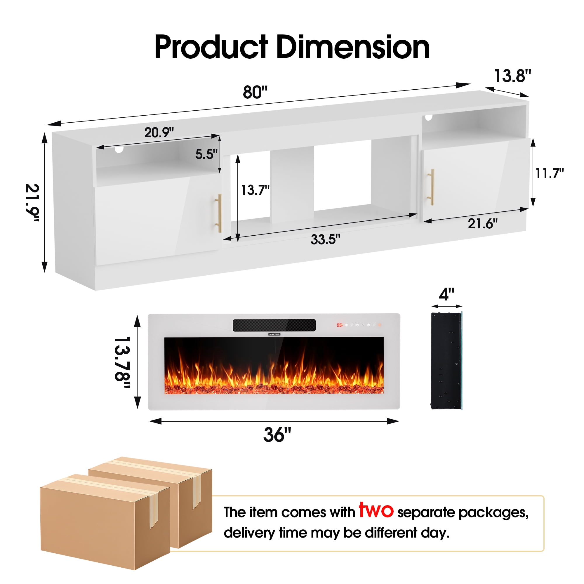 HARIPUL 80” TV Stand with 36" Electric Fireplace for TVs Up to 90 inch, LED Light Entertainment Center with High Gloss Door, Modern Media Console Cabinet for Living Room