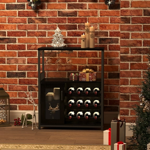 Wine Bar Rack Cabinet, Adjustable Shelves Coffee Bar Cabinet with Mesh Door and Baffle Design, Small Liquor Bar Cabinet for Home, Kitchen, Dinning Room