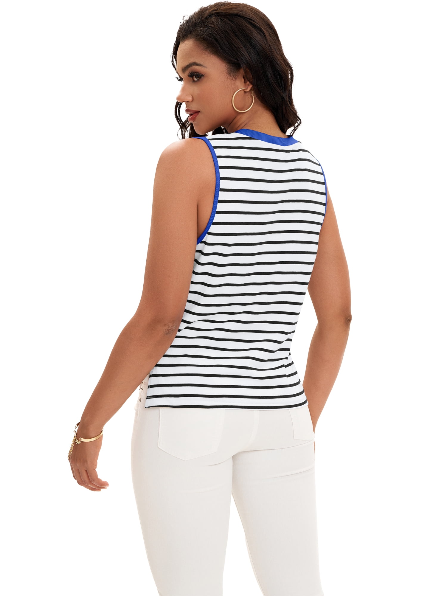 DARING DIVA Women's Striped Tank Top with Color Block XL White Blue