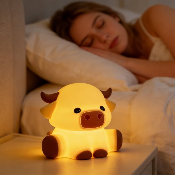 Highland Cow Night Light, Huggwaii Squishy Silicone Lamp for Kids - Dimmable Touch Sensor Cute Animal Lamp, Soft Glow Night Light for Nursery, Bedroom, Christmas Birthday Gifts (1pcs)