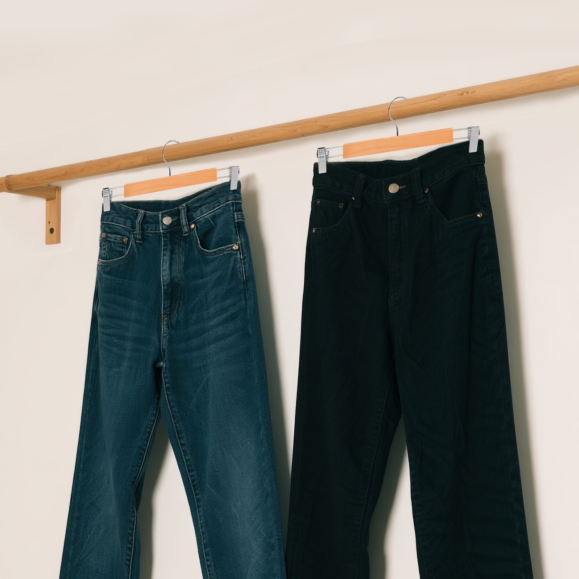 BP4U 12-Pack Premium Wooden Pants Hangers with Adjustable Clips, Heavy Duty Solid Wood Skirt Hangers, Non-Slip Trousers Bottom Hangers for Jeans, Slacks, Dresses(Natural Wood)