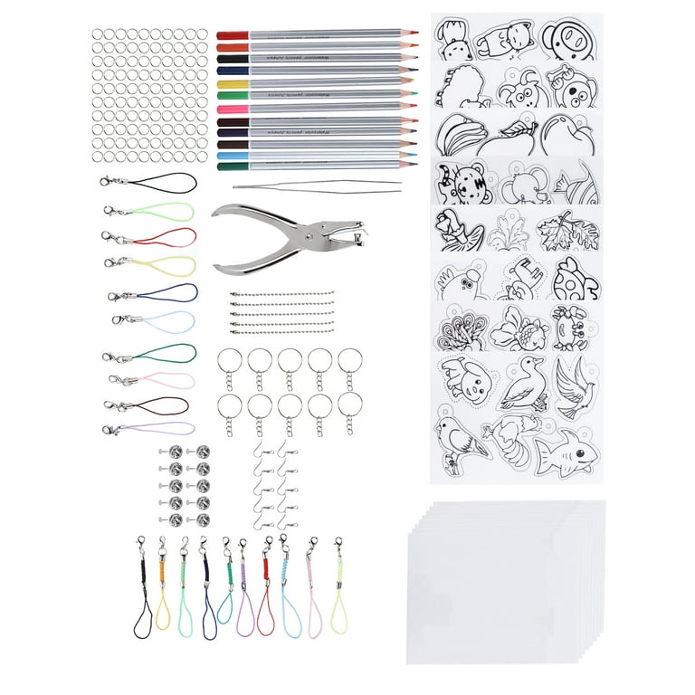 Warckon 200 Pieces Shrink Plastic Sheet Kit Include 20 Blank Sheets Shrinky  Art Paper,Hole Punch,165 Keychains Accessories,12 Colored Pencils for Kids