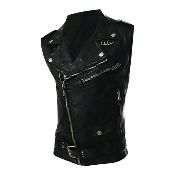 Hombres Sólido Casual Turndown Cool Zipper Personalidad Slim-fit Chaleco de cuero Pompotops oipoqjl27192
