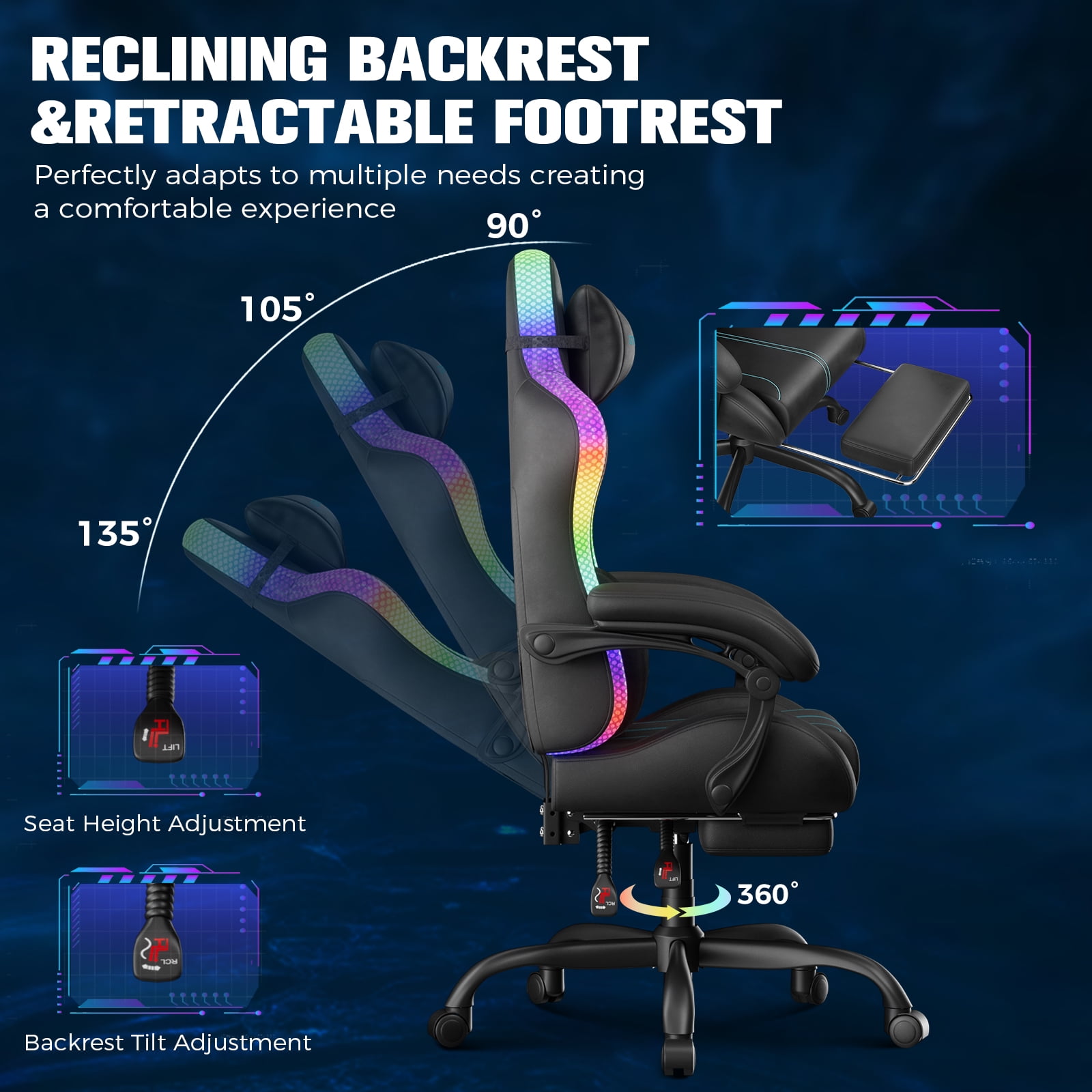 GTPLAYER RGB Gaming Chair with Timed LED Lights, 400LBS Capacity Gaming Office Chair with Reclining Backrest & Retractable Footrest for Gaming & Office, Blue