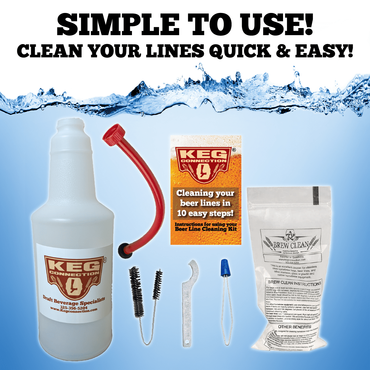 Kegconnection Kegerator Beer Line Cleaning Kit - Easy and Safe to Use Keg Cleaner - with Brew Clean Solution and More