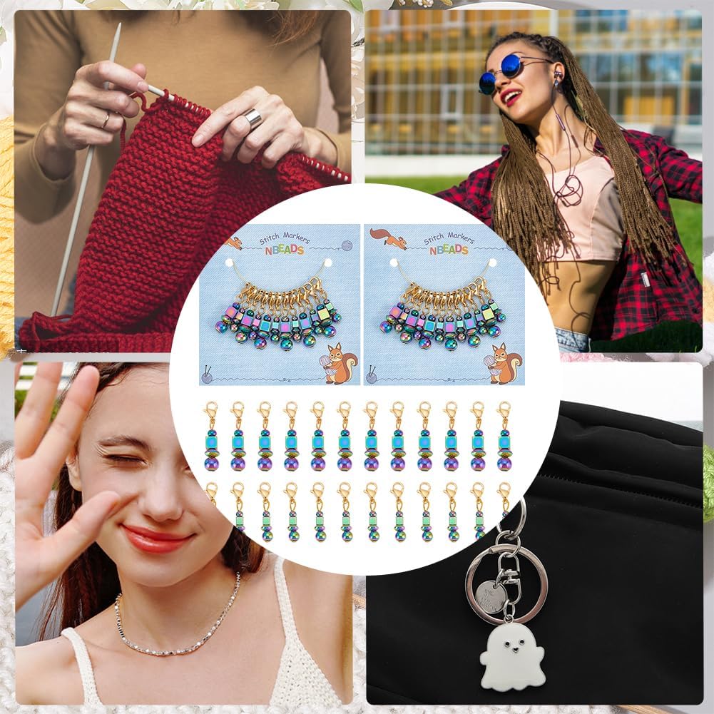 24 Pcs Rainbow Color Beaded Pendant Stitch Markers 304 Stainless Steel Crochet Stitch Marker Removable Lobster Clasp Locking Stitch Marker for Weaving Sewing Needleworks Jewelry Making colorful DIY